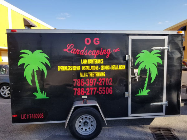 Commercial trailer wraps and decals for OG Landscaping Inc. In Miami, FL